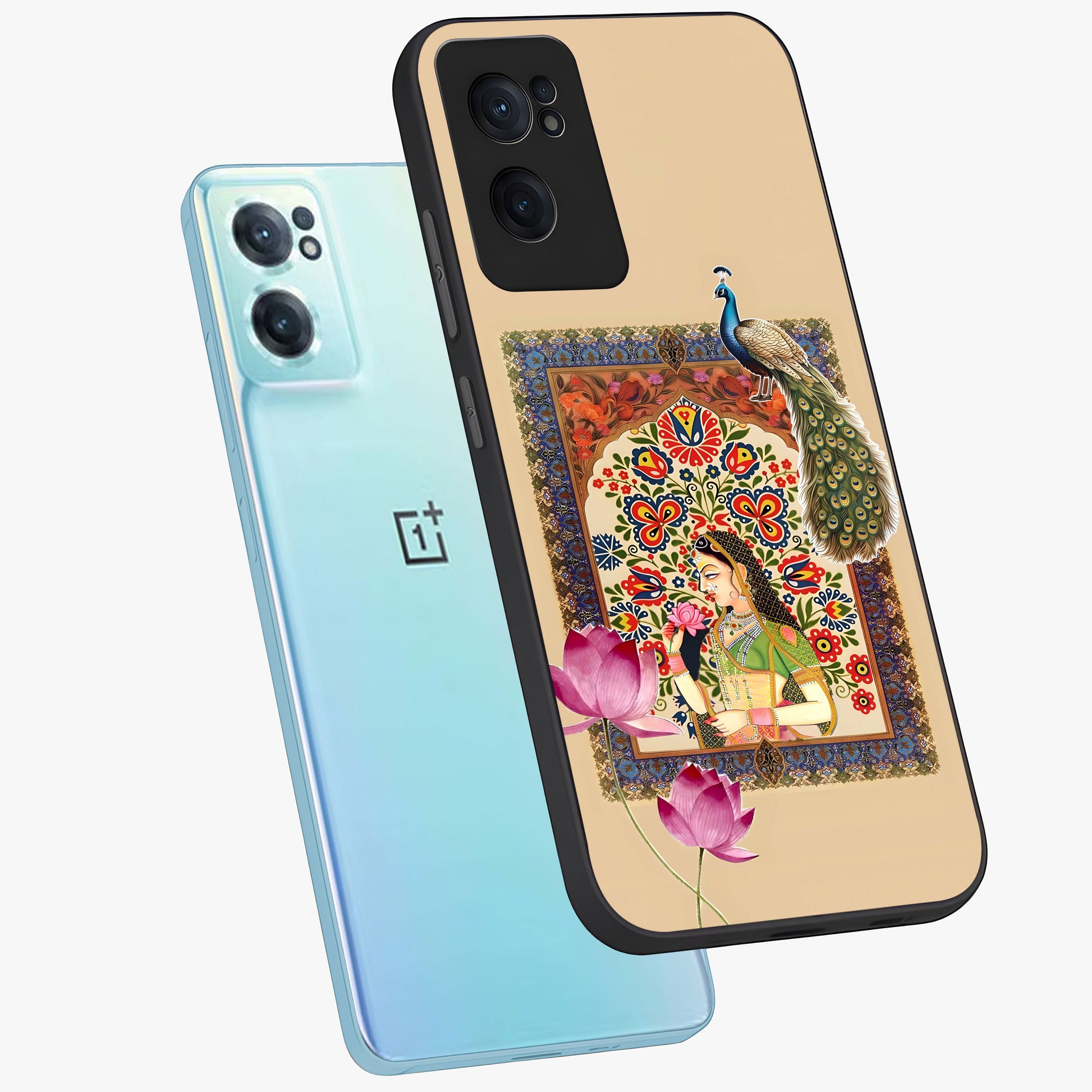 Mughal Princess and Peacock Glass Case for 1+Nord CE 2  side perspective highlighting detailed cultural textures and smooth premium build