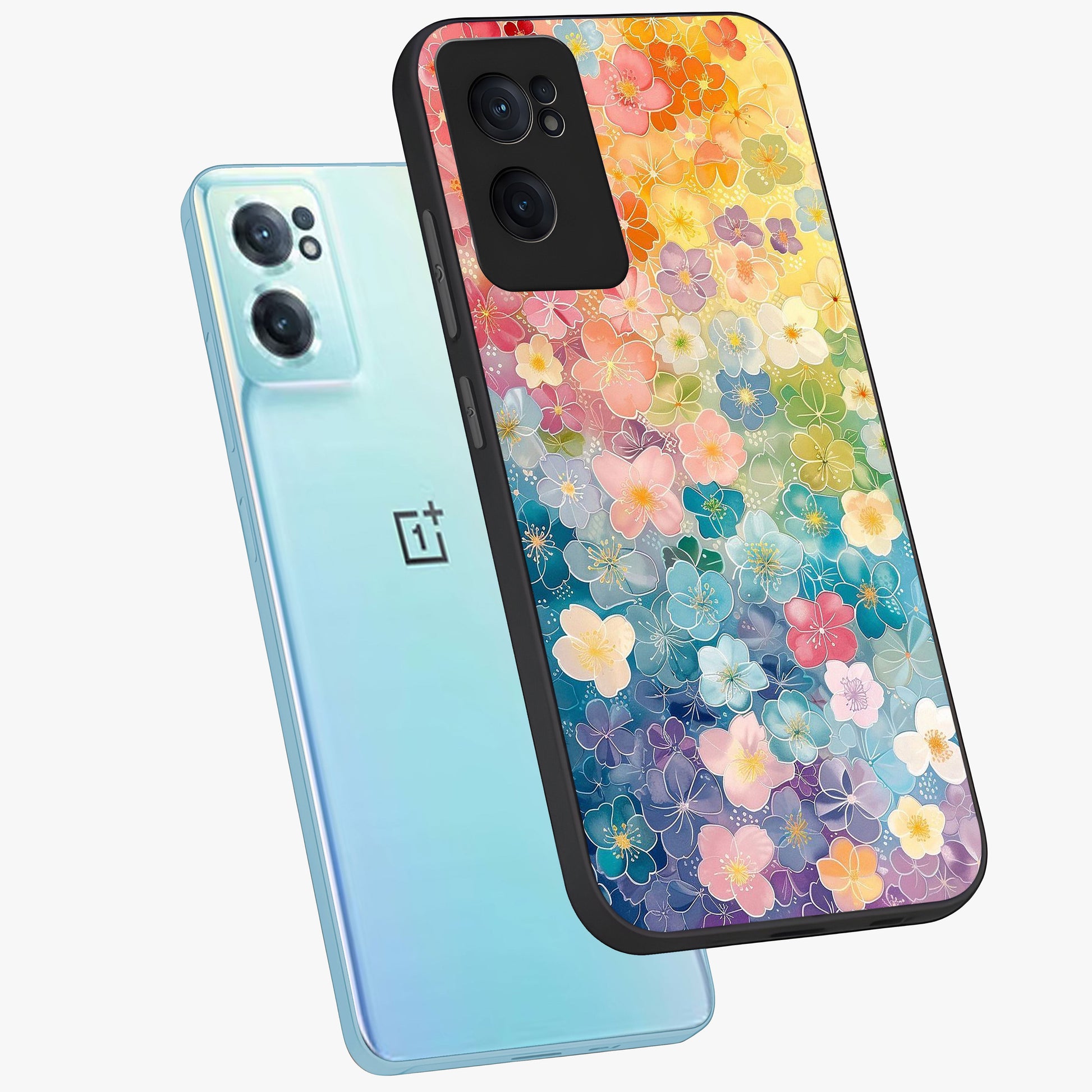 Multiple Background With Flower Glass Case for 1+Nord CE 2  side perspective highlighting rich floral textures and premium edges