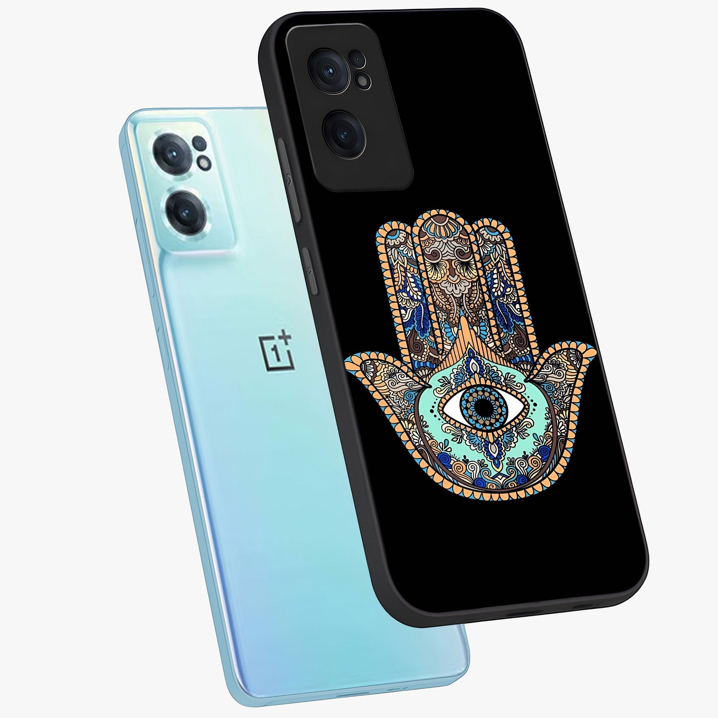Mystic Hamsa Eye Glass Case for 1+Nord CE 2  side perspective highlighting ornate textures and premium edges