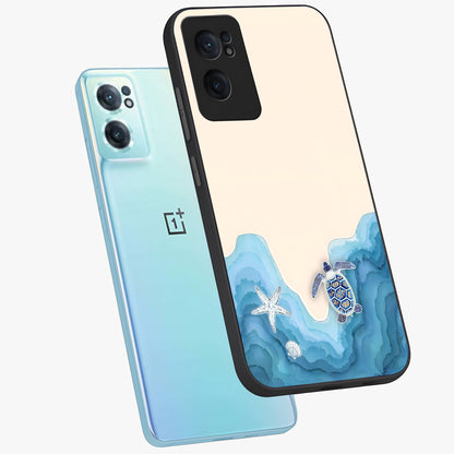 Ocean Drift Turtle Glass Case for 1+Nord Ce 2  side perspective highlighting aquatic textures and premium edges