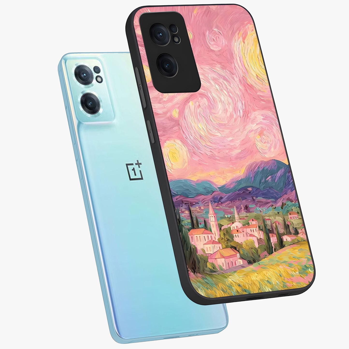 Pastel Starry Village Glass Case for 1+Nord CE 2  side perspective highlighting serene scenic textures and premium edges
