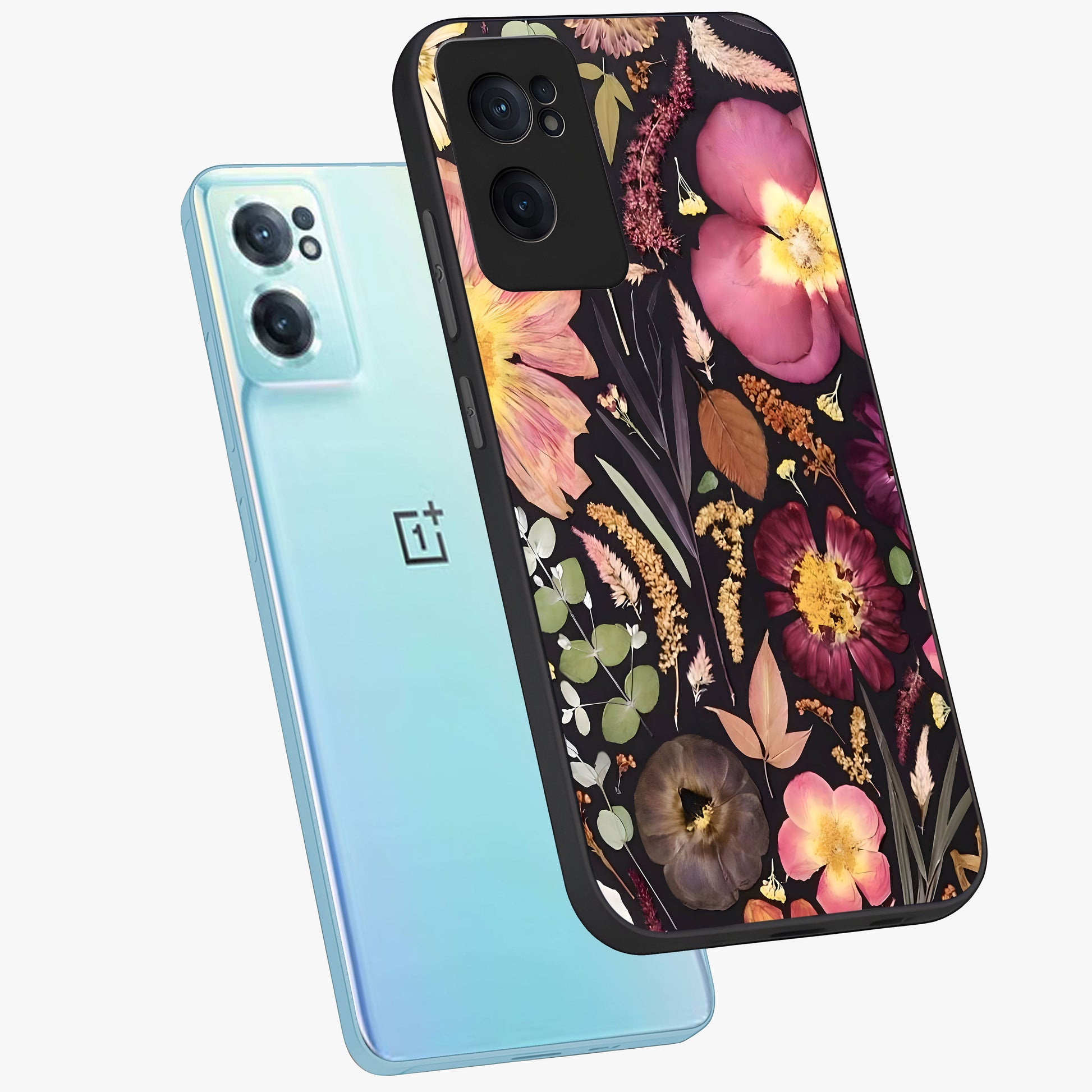 Petal Dream Tapestry Glass Case for 1+Nord Ce 2  side perspective highlighting woven floral textures and sleek build