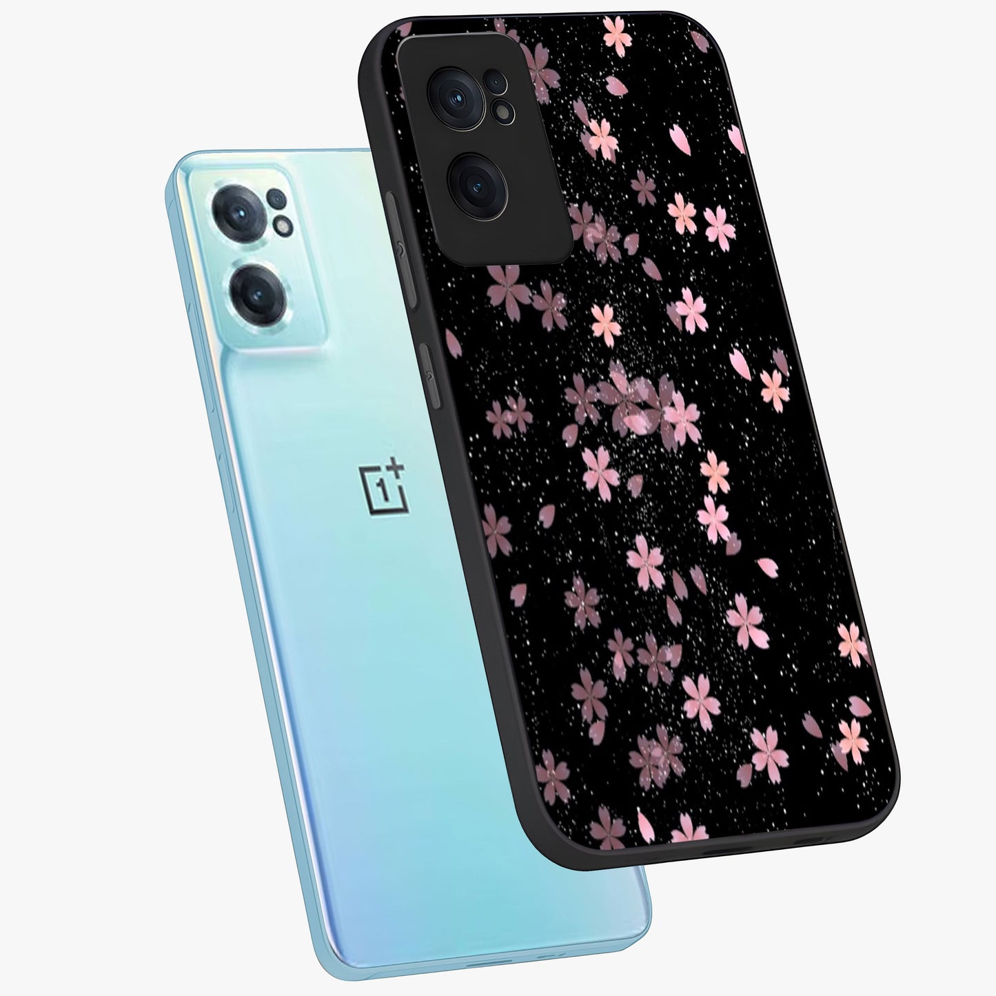 Pink Flower Black Background Glass Case for 1+Nord CE 2  side perspective highlighting vivid bloom textures and sleek build