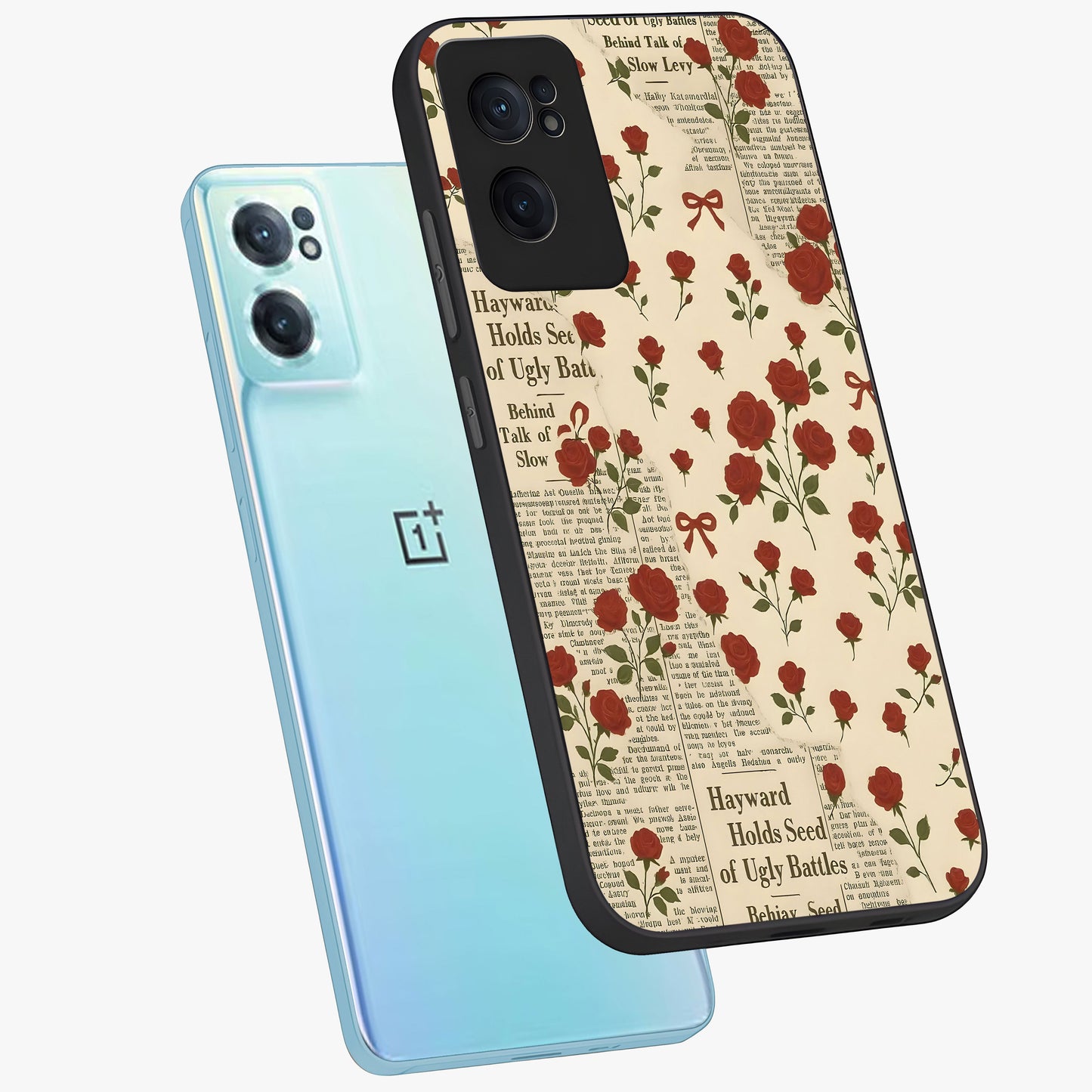 Retro Rose Journal Glass Case for 1+Nord Ce 2  side perspective highlighting delicate floral textures and premium edges