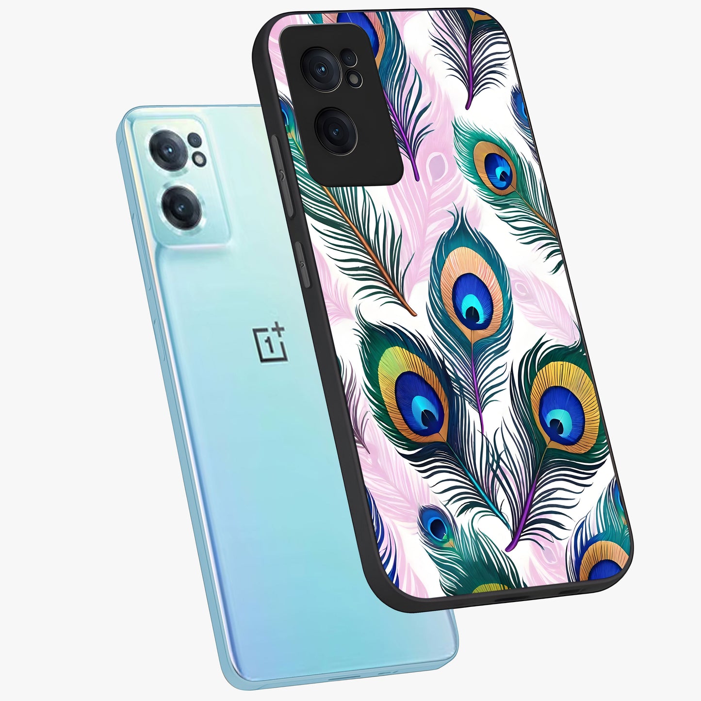 Royal Peacock Feathers Glass Case for 1+Nord CE 2  side perspective highlighting intricate plume textures and sleek premium build