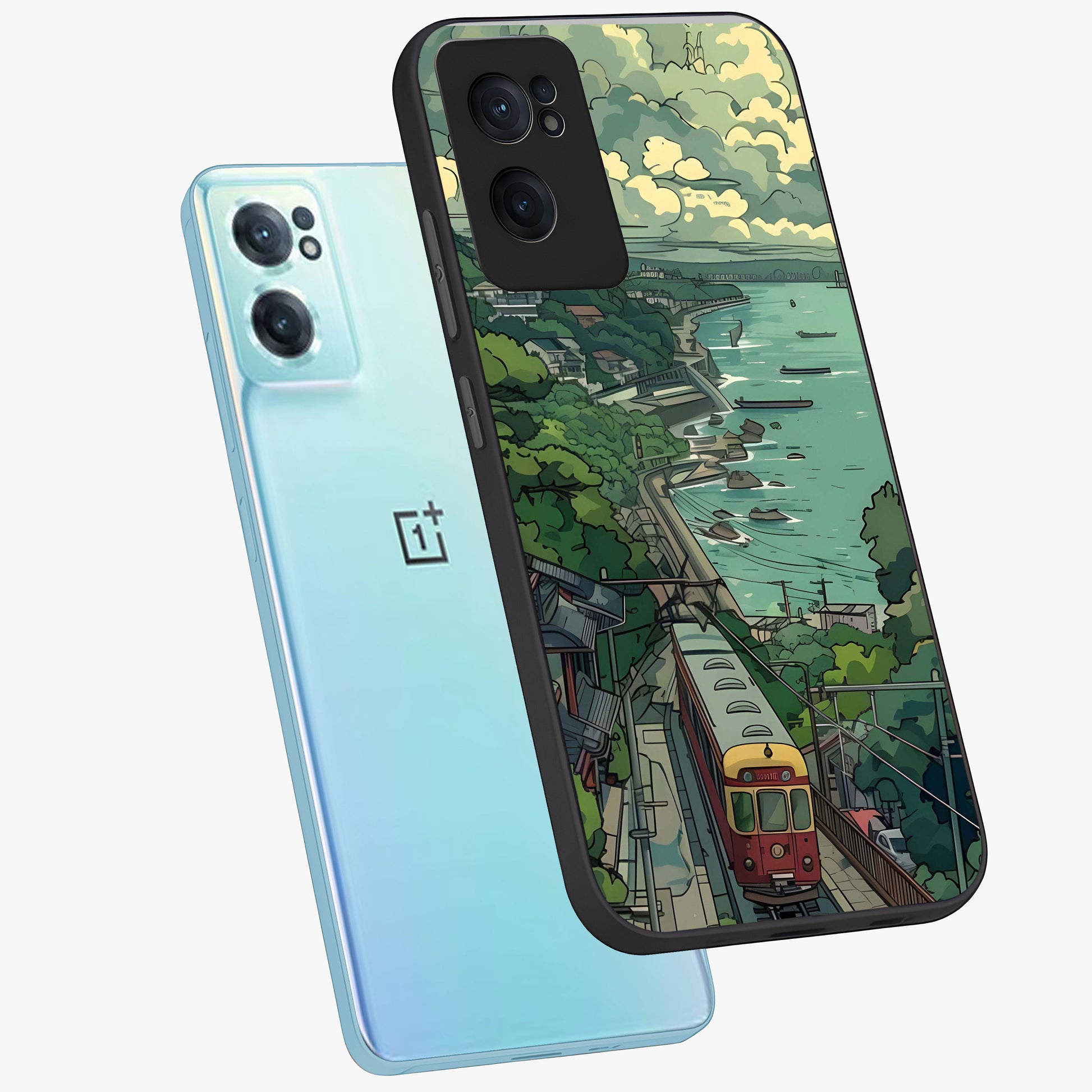 Seaside Train Ride Glass Case for 1+Nord CE 2  side perspective highlighting detailed scenery textures and premium edges