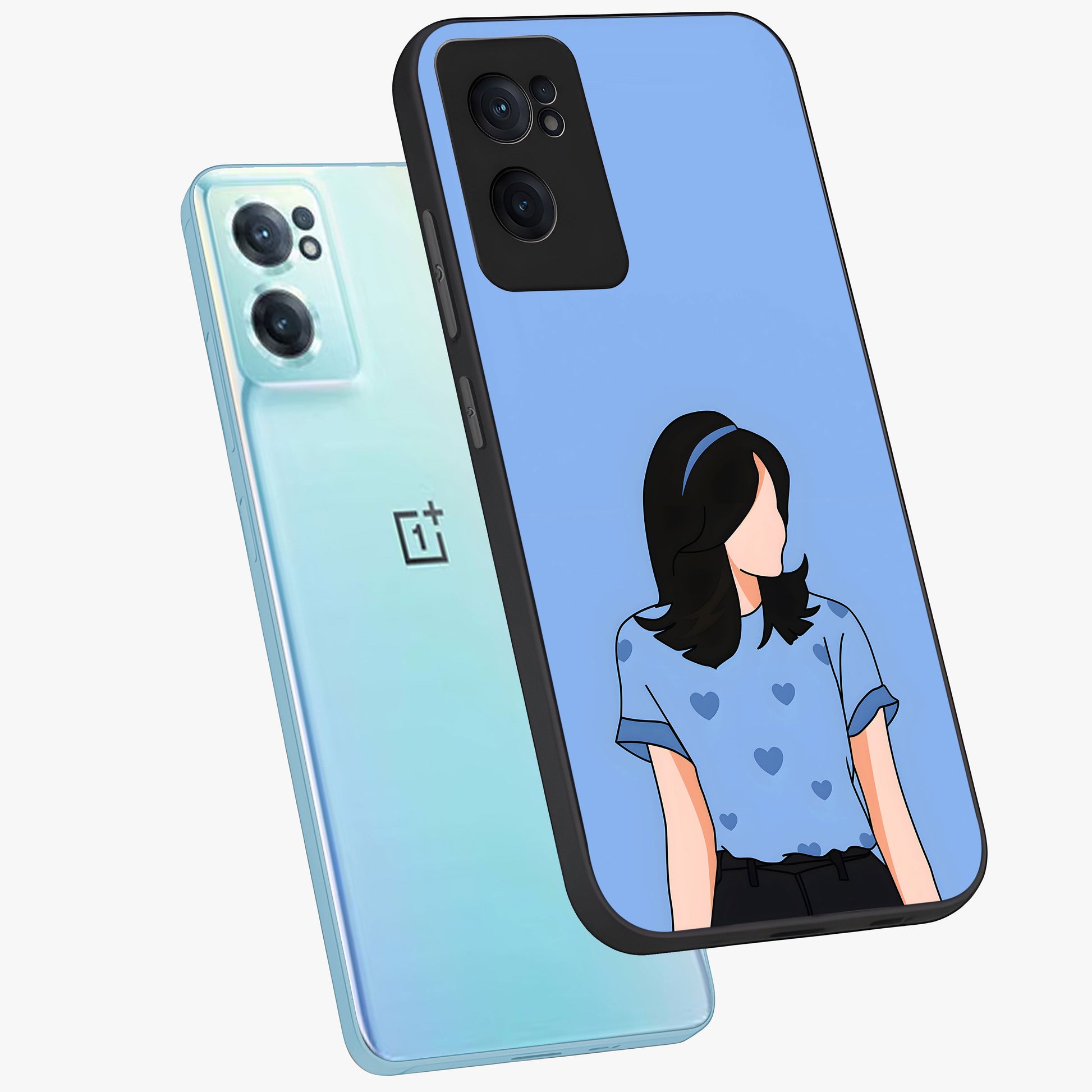 Soft Hearts Girl Glass Case for 1+Nord Ce 2  side perspective highlighting delicate illustration textures and smooth build