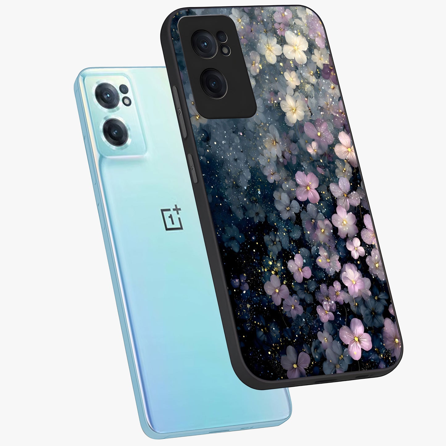 Starlit Blossom Dreams Glass Case for 1+Nord CE 2  side perspective highlighting delicate bloom textures and smooth build