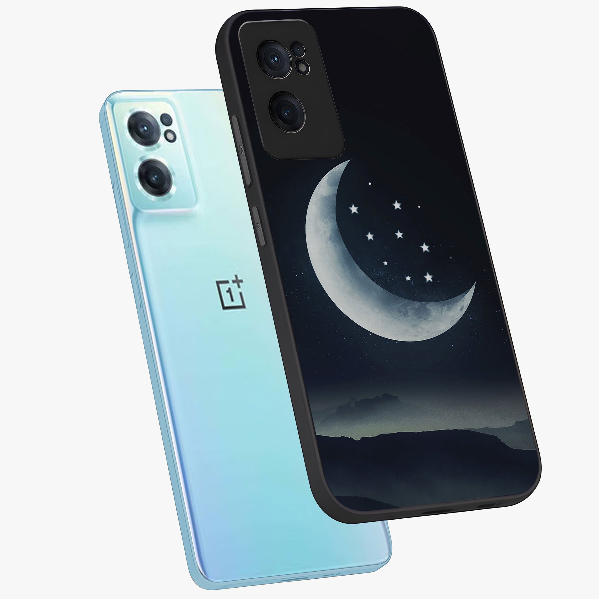 Starry Moon Pattern Glass Case for 1+Nord Ce 2  side perspective highlighting celestial textures and premium edges