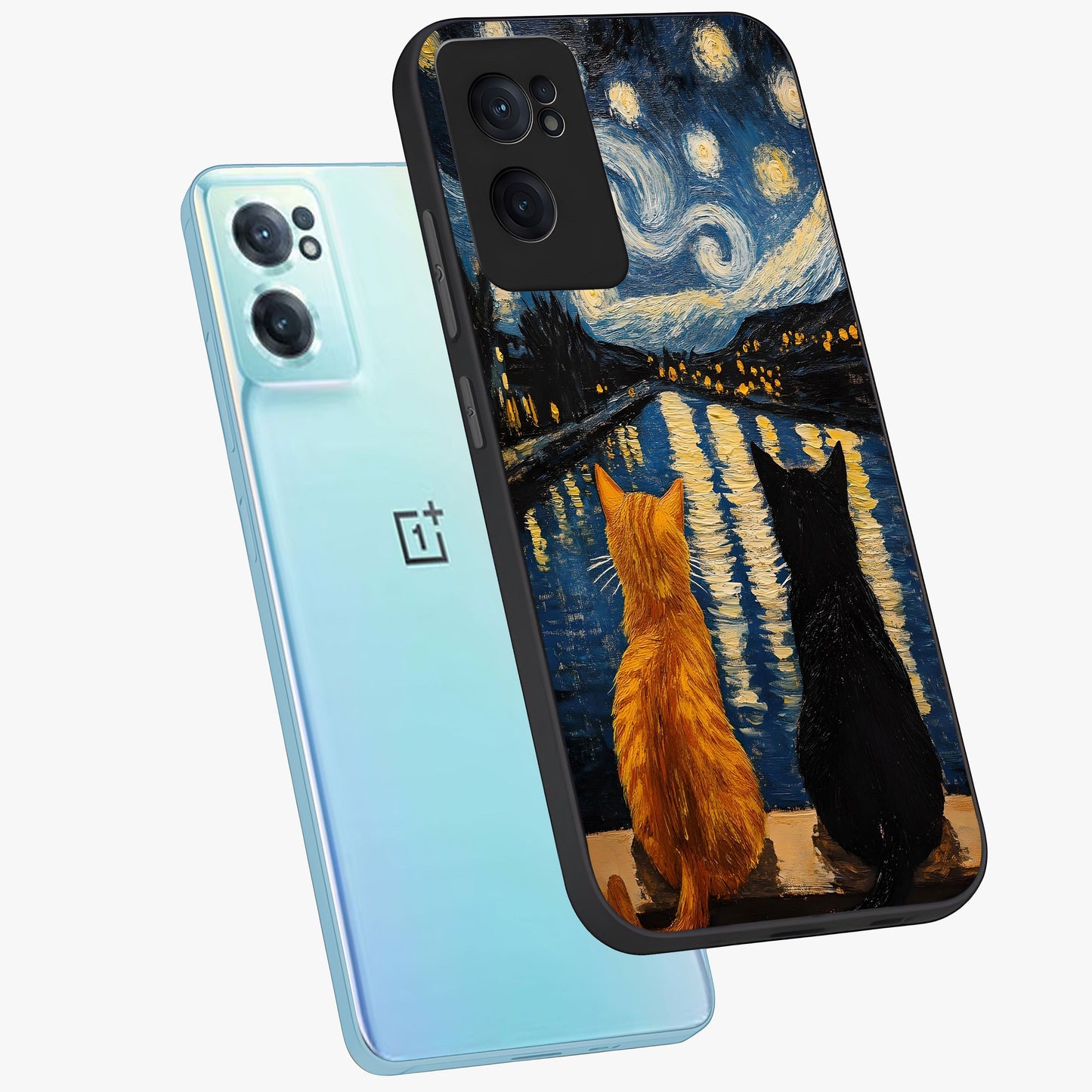 Starry River Cats Glass Case for 1+Nord Ce 2  side perspective highlighting charming illustration textures and smooth build