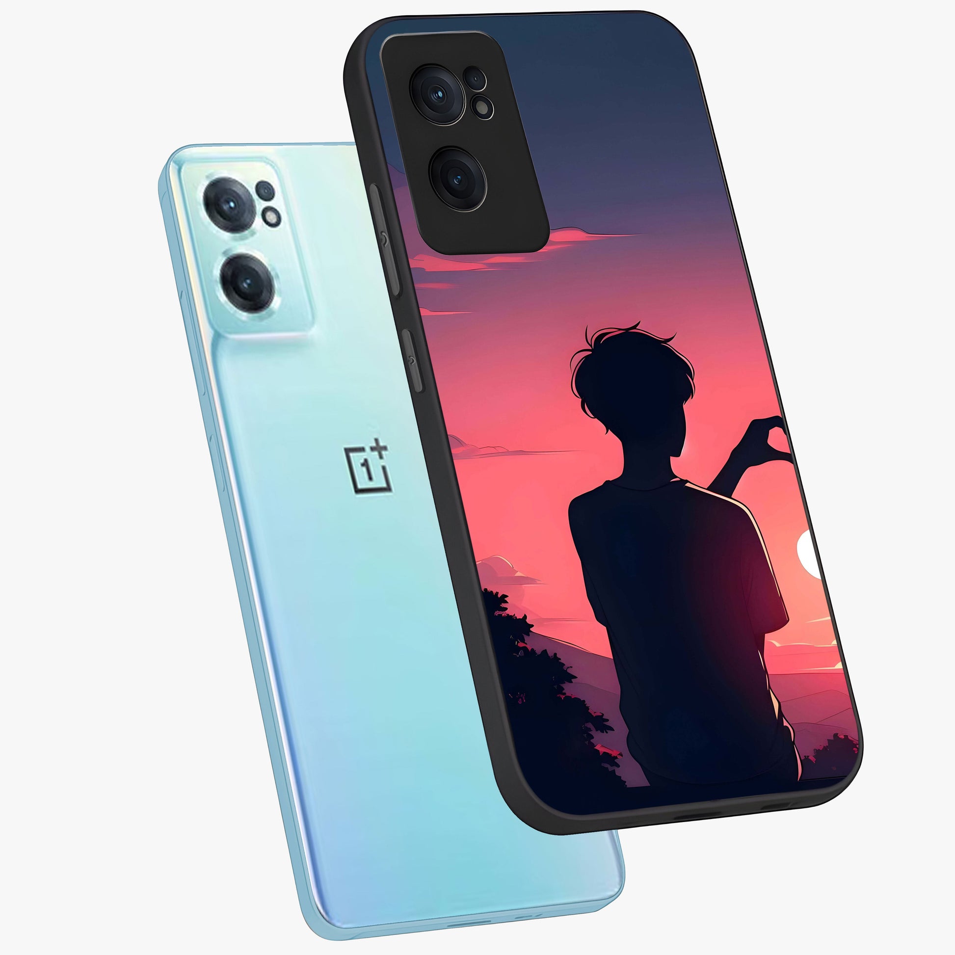 Sunset Silhouette Girl Glass Case for 1+Nord Ce 2  side perspective highlighting soft scenic textures and sleek premium build