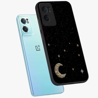 Twinkle Star With Half Moon Glass Case for 1+Nord Ce 2  side perspective highlighting glowing star textures and smooth build