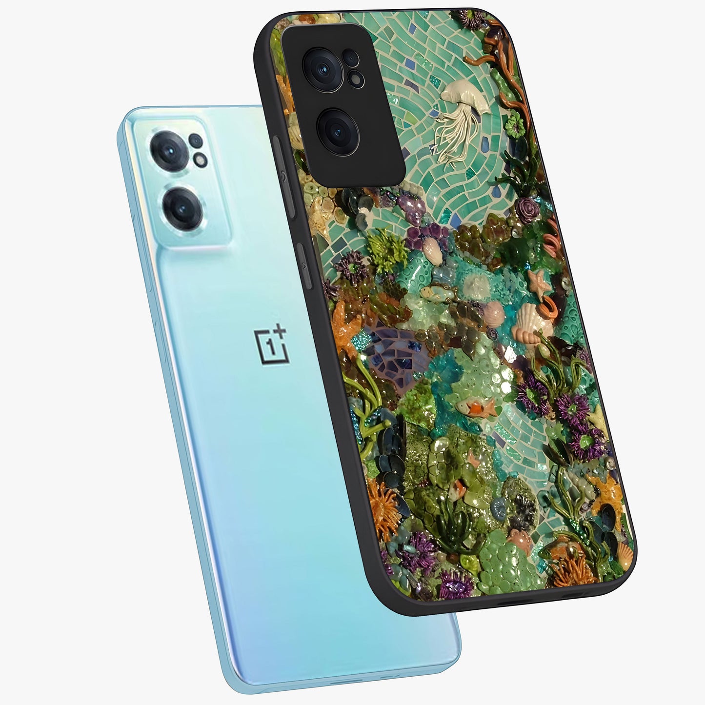 Underwater Mosaic Art Glass Case for 1+Nord CE 2  side perspective highlighting detailed tile textures and premium edges