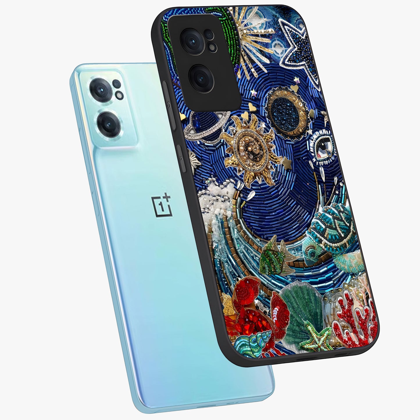 Universe Underwater Spark Glass Case for 1+Nord Ce 2  side perspective highlighting luminous textures and smooth build