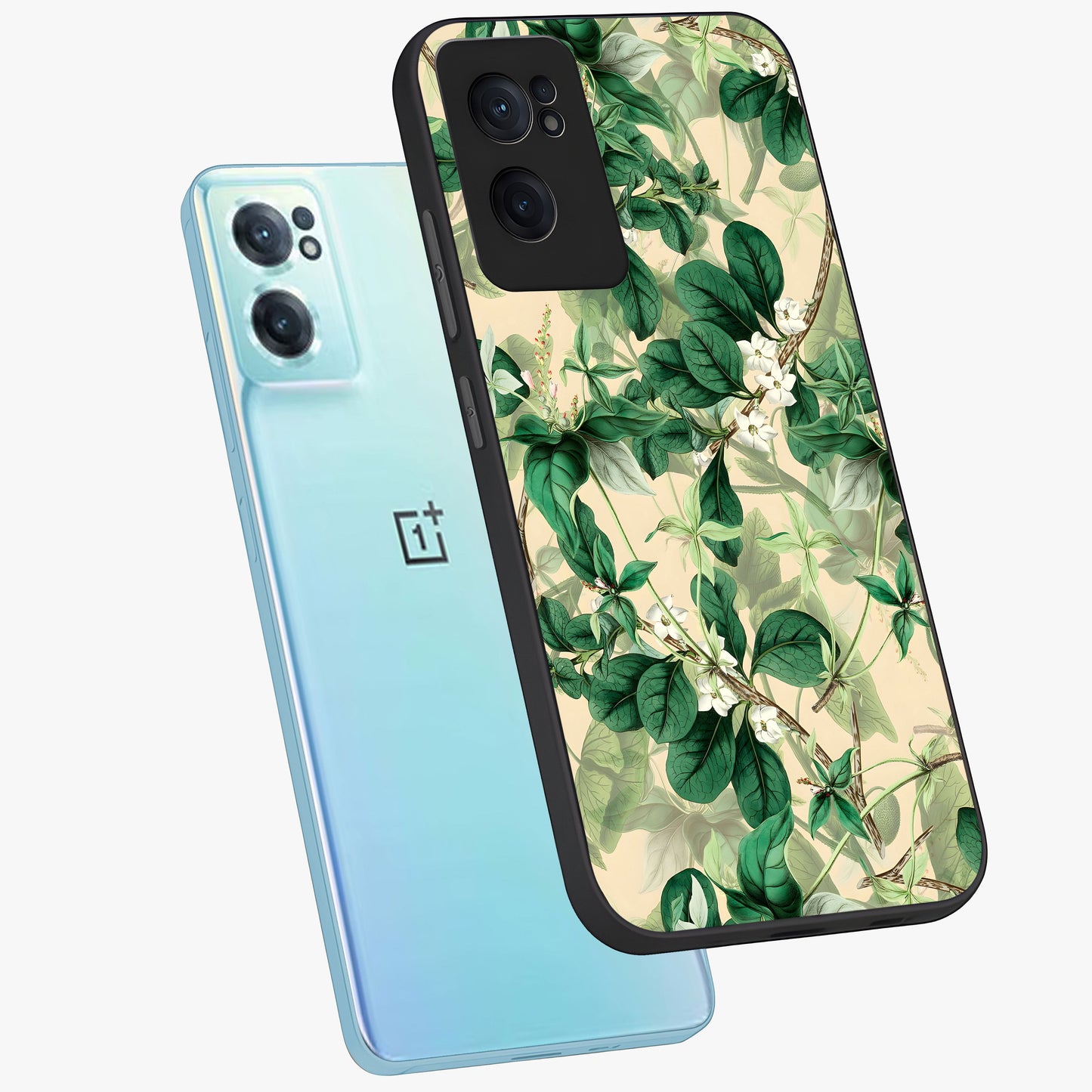 Verdant Garden Whispers Glass Case for 1+Nord Ce 2  side perspective highlighting delicate leaf textures and premium edges