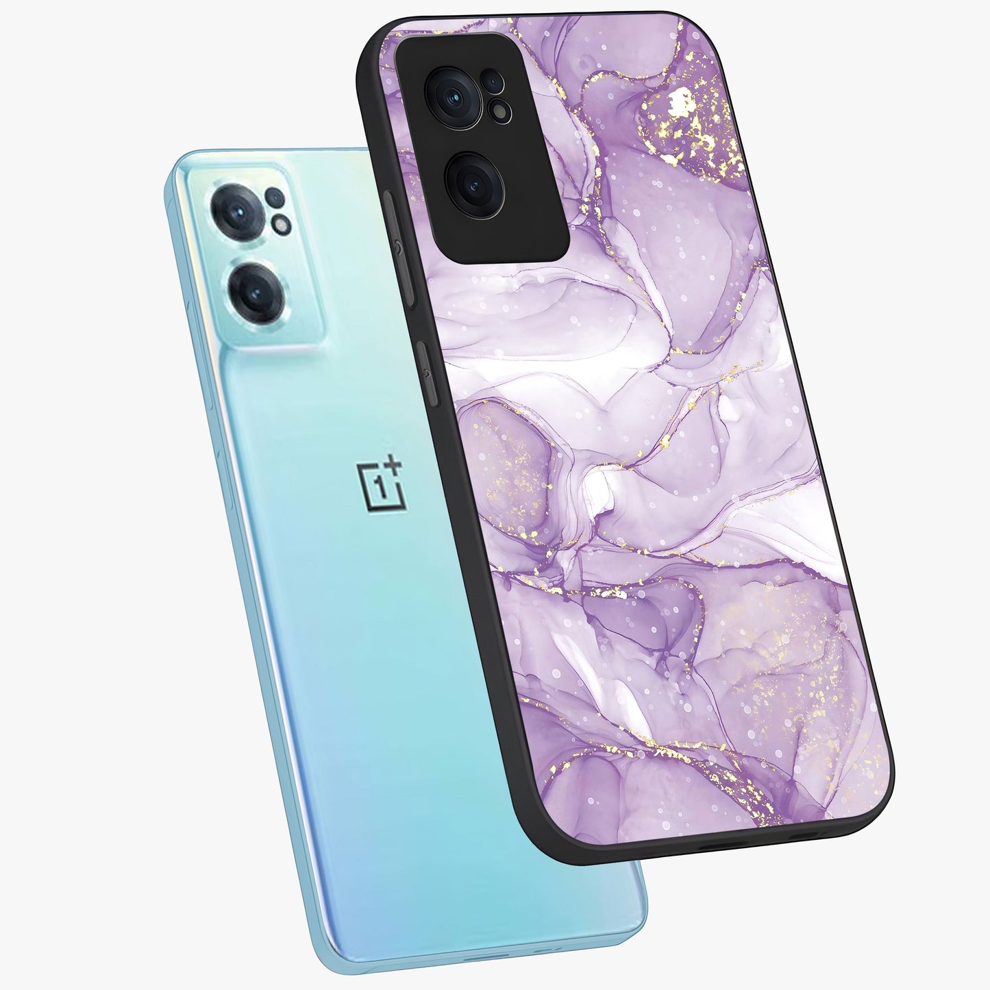 White and Purple Marble Glass Case for 1+Nord CE 2  side perspective highlighting smooth marble textures and premium edges
