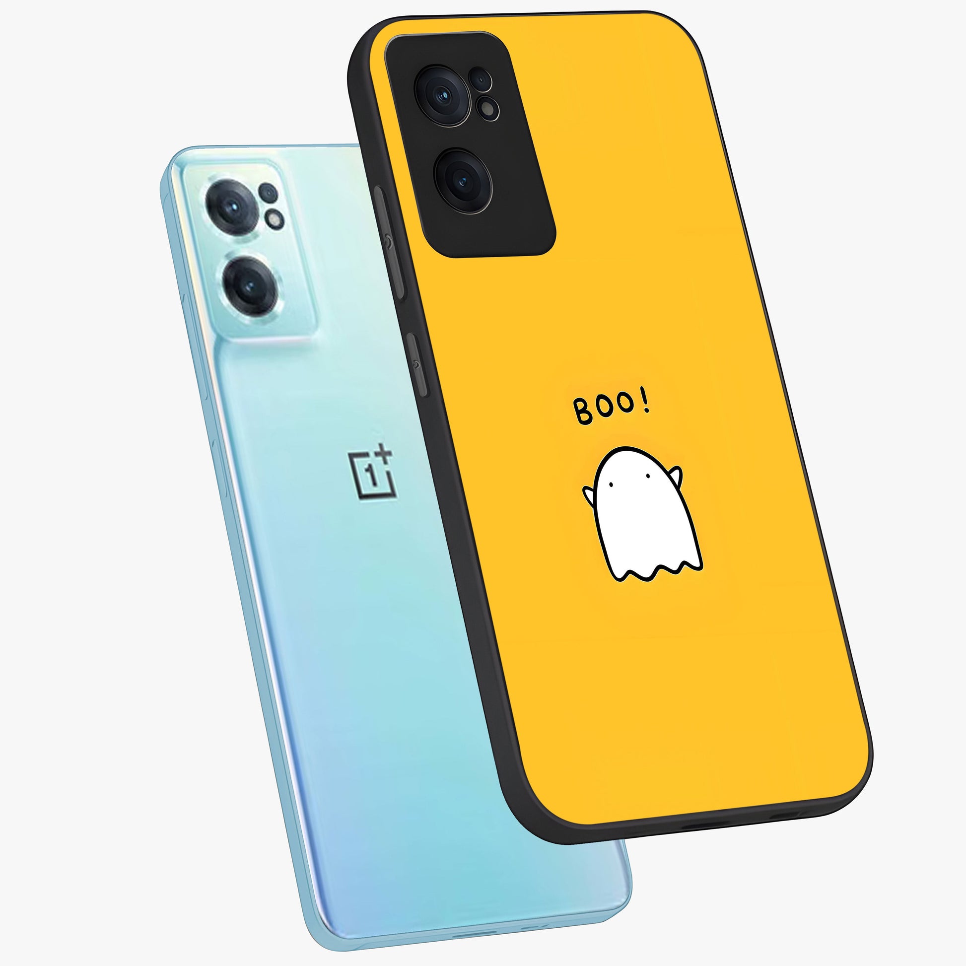 Yellow Boo Ghost Glass Case for 1+Nord Ce 2  side perspective highlighting lively textures and premium edges