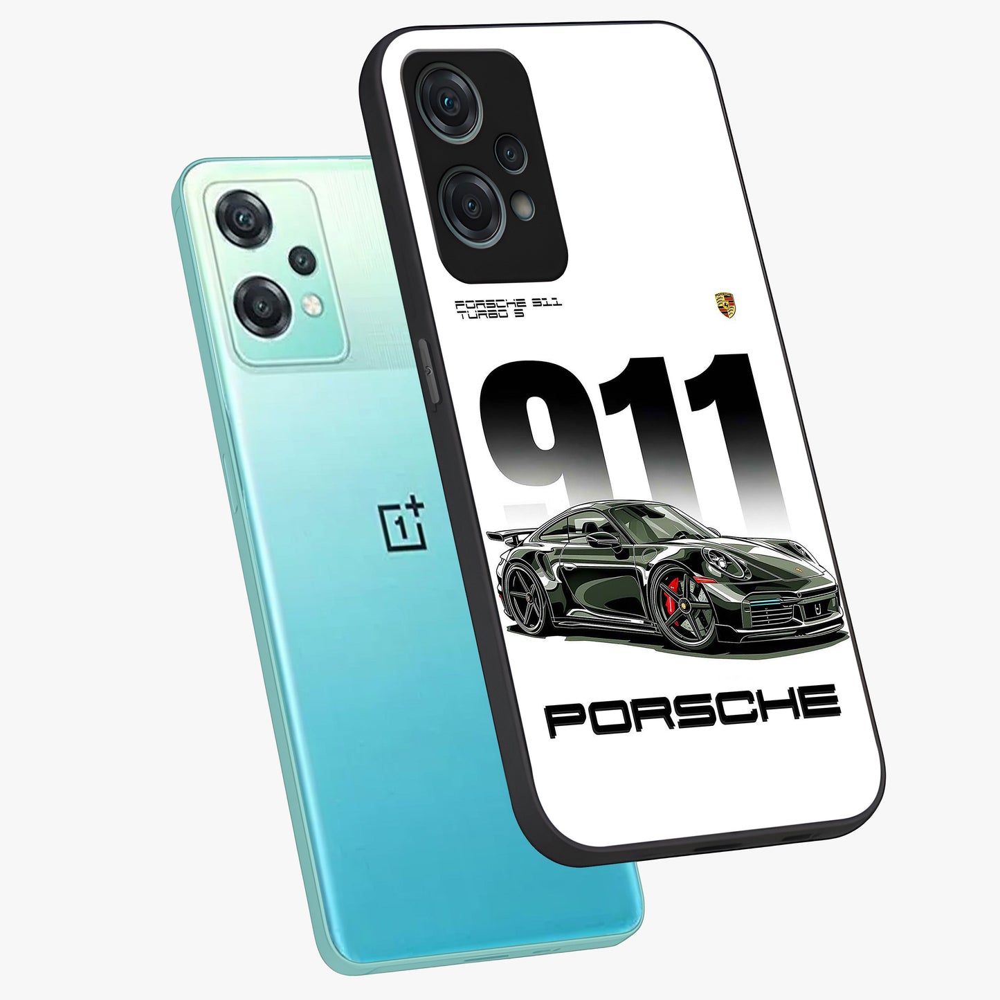 911 Turbo Dominance Glass Case for 1+Nord Ce 2 Lite premium angled mockup showcasing glossy glass finish and racing inspired design