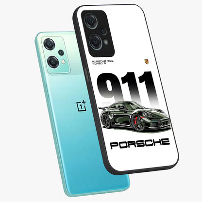 911 Turbo Dominance Glass Case for 1+Nord Ce 2 Lite premium angled mockup showcasing glossy glass finish and racing inspired design