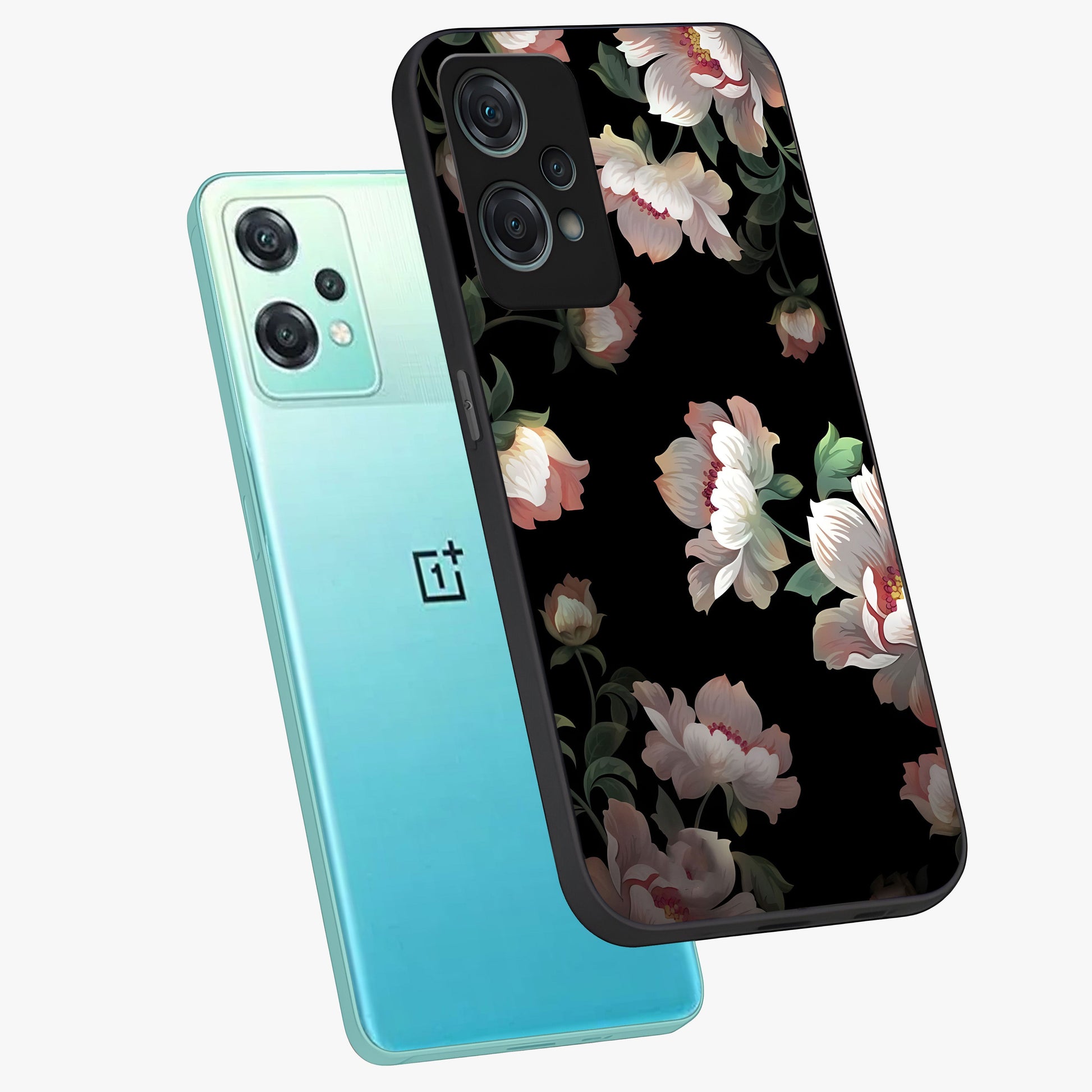 Abstract Embossed Blooming Bright Flower Glass Case for 1+Nord Ce 2 Lite angled mockup showcasing glossy surface and detailed bloom design