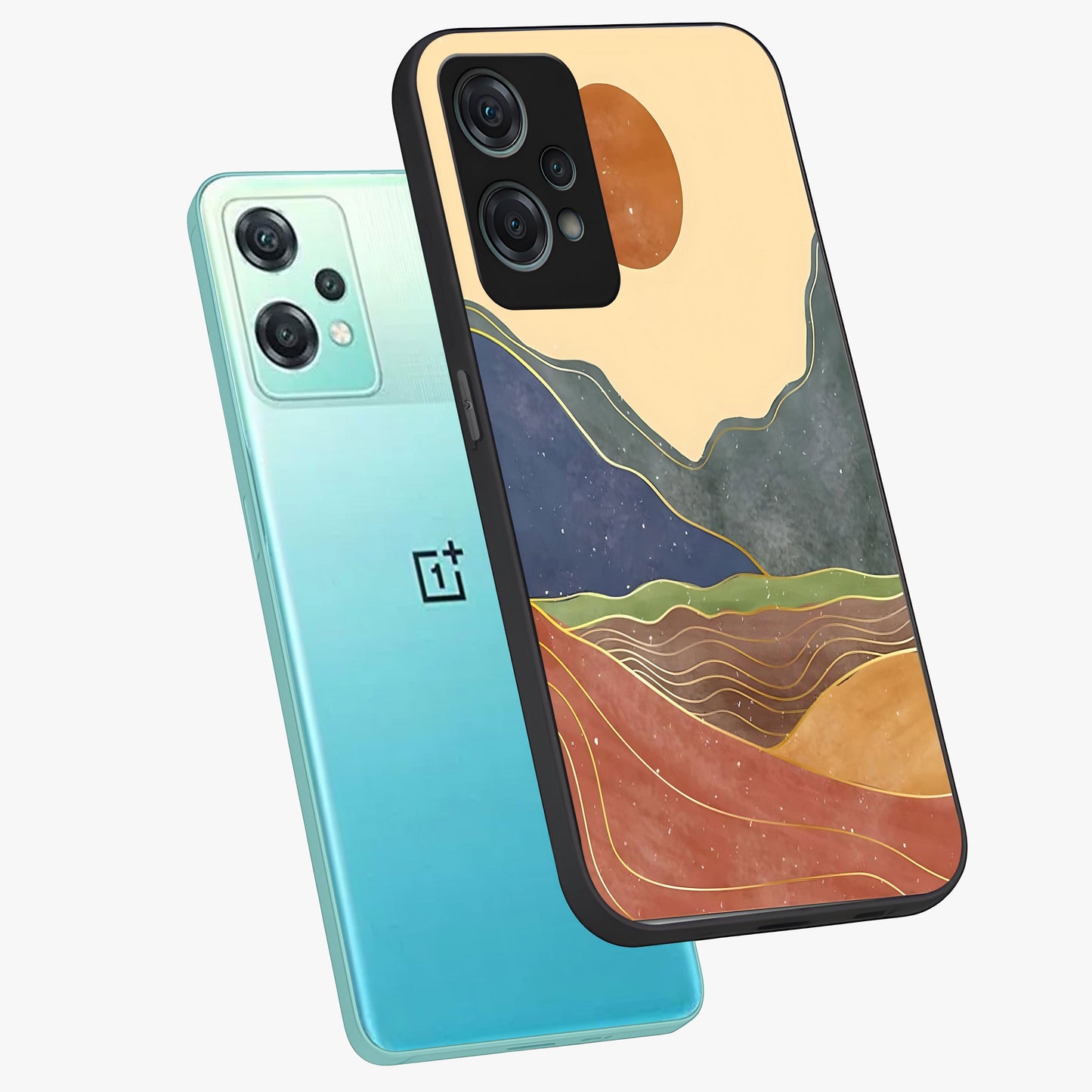 Abstract Mountain Glow Glass Case for 1+Nord Ce 2 Lite angled mockup showcasing glossy glass finish and scenic gradient tones