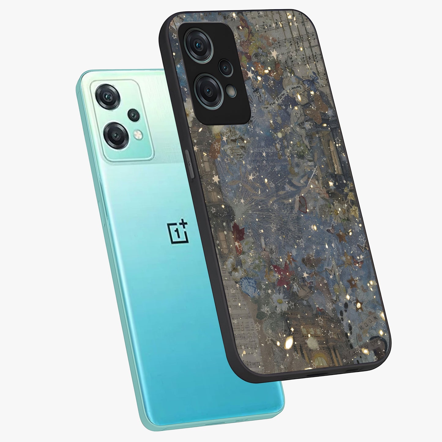 Aesthetic Astrolophia Glass Case for 1+Nord Ce 2 Lite angled mockup showcasing glossy cosmic design and premium glass finish