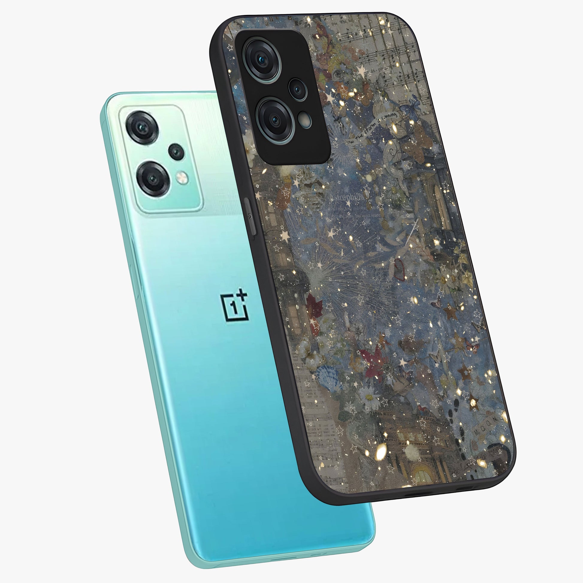 Aesthetic Astrolophia Glass Case for 1+Nord Ce 2 Lite angled mockup showcasing glossy cosmic design and premium glass finish