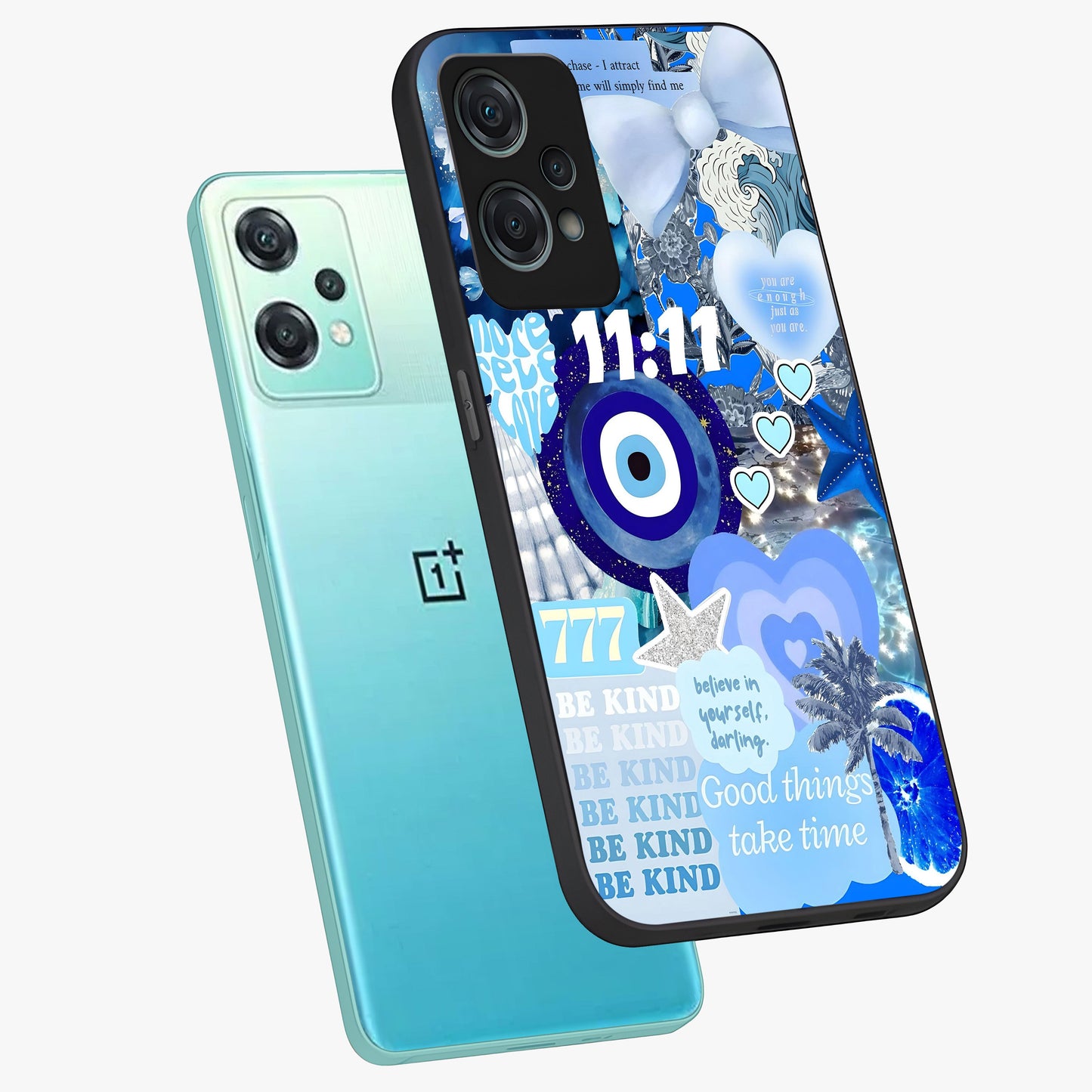 Aesthetic Be Kind Eye Glass Case for 1+Nord Ce 2 Lite angled mockup showcasing glossy finish and clean typography design