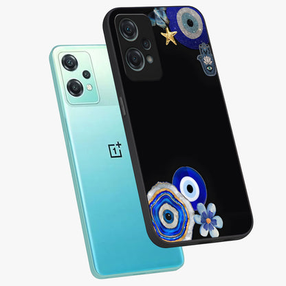 Aesthetic Blue Evil Eye Glass Case for 1+Nord Ce 2 Lite angled mockup showcasing glossy finish and protective symbol design