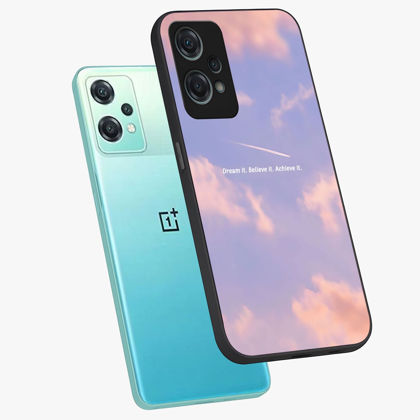 Aesthetic Clouds Dream Glass Case for 1+Nord Ce 2 Lite angled mockup showcasing glossy glass finish and sky inspired design