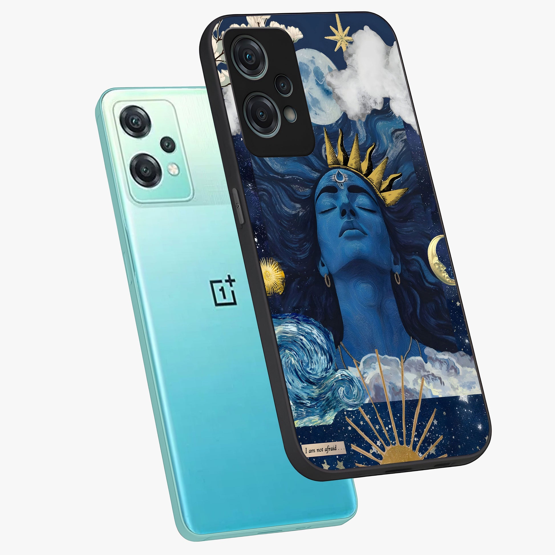 Aesthetic Lord Shiva Glass Case for 1+Nord Ce 2 Lite angled mockup showcasing glossy finish and divine aesthetic design
