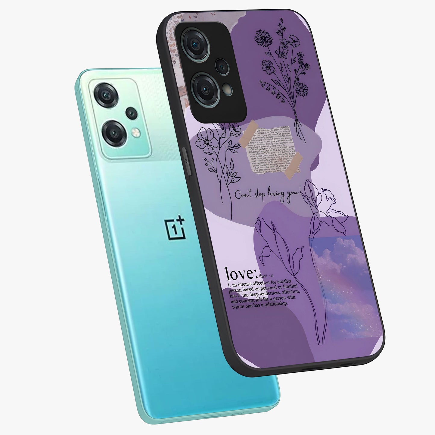 Aesthetic Love With Flower Glass Case for 1+Nord Ce 2 Lite angled mockup showcasing glossy finish and soft floral design