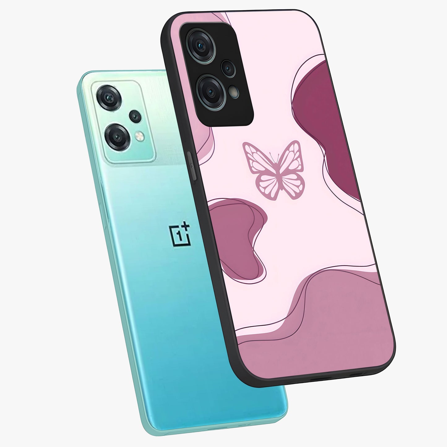 Aesthetic Pinkish Custom Name Butterfly Glass Case for 1+Nord Ce 2 Lite angled mockup showcasing glossy finish and soft pastel tones