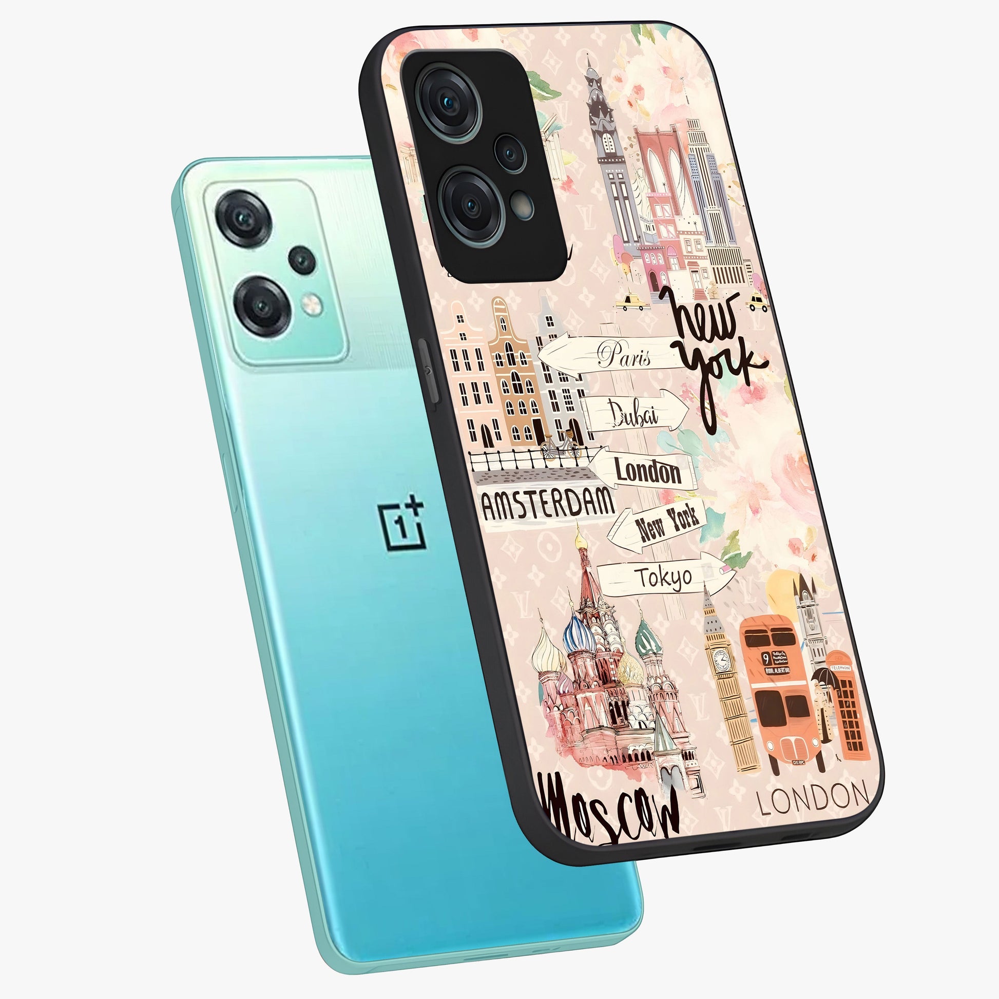 Aesthetic Travel Glass Case for 1+Nord Ce 2 Lite angled mockup showcasing glossy finish and adventure themed design