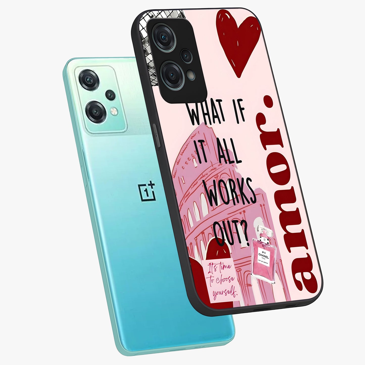 Amor Memory Scrapbook Glass Case for 1+Nord Ce 2 Lite angled mockup showcasing glossy finish and layered memory collage design