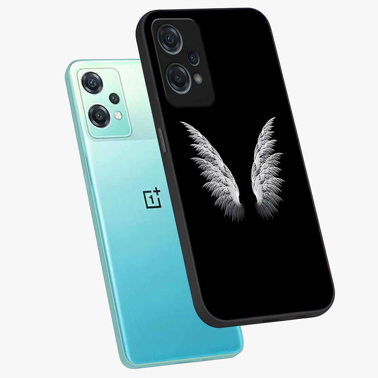 Angel Wing Grace Glass Case for 1+Nord Ce 2 Lite angled mockup showcasing glossy finish and graceful feather design