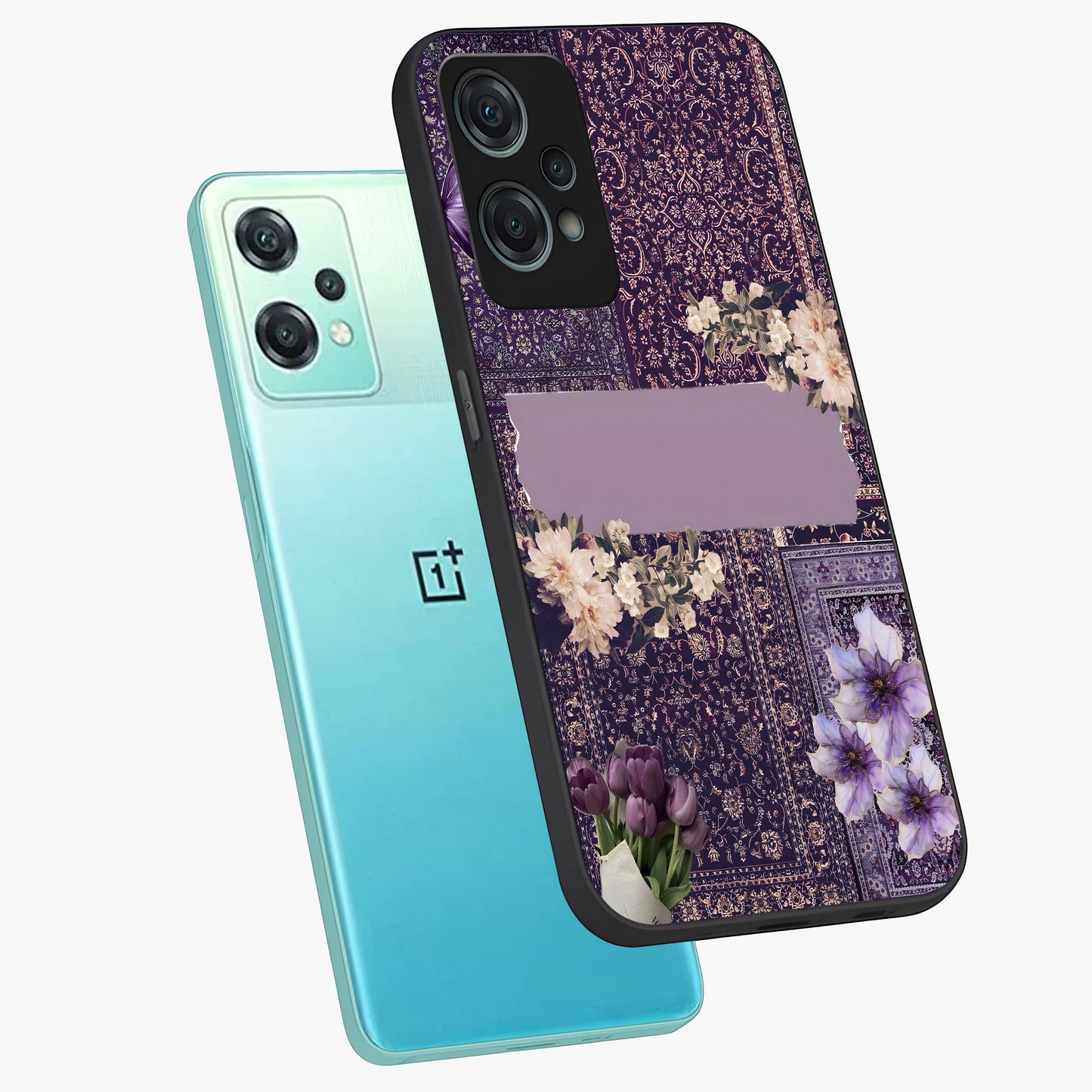 Antique Floral Whisper Glass Case for 1+Nord Ce 2 Lite angled mockup showcasing glossy finish and classic botanical design