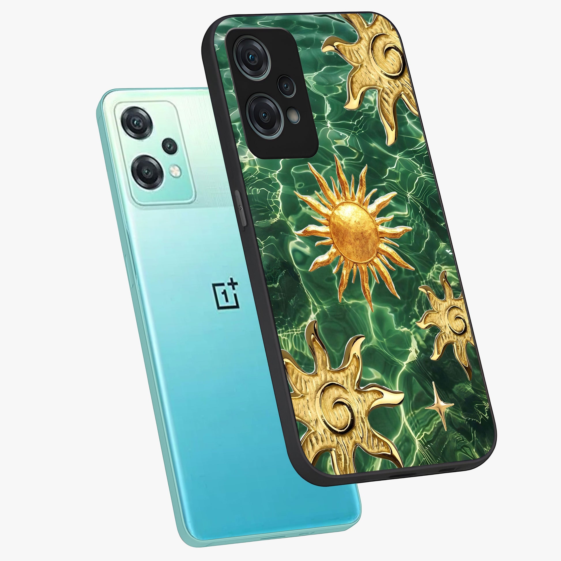 Aqua Sun Mirage Glass Case for 1+Nord Ce 2 Lite angled mockup showcasing glossy glass finish and radiant gradient tones