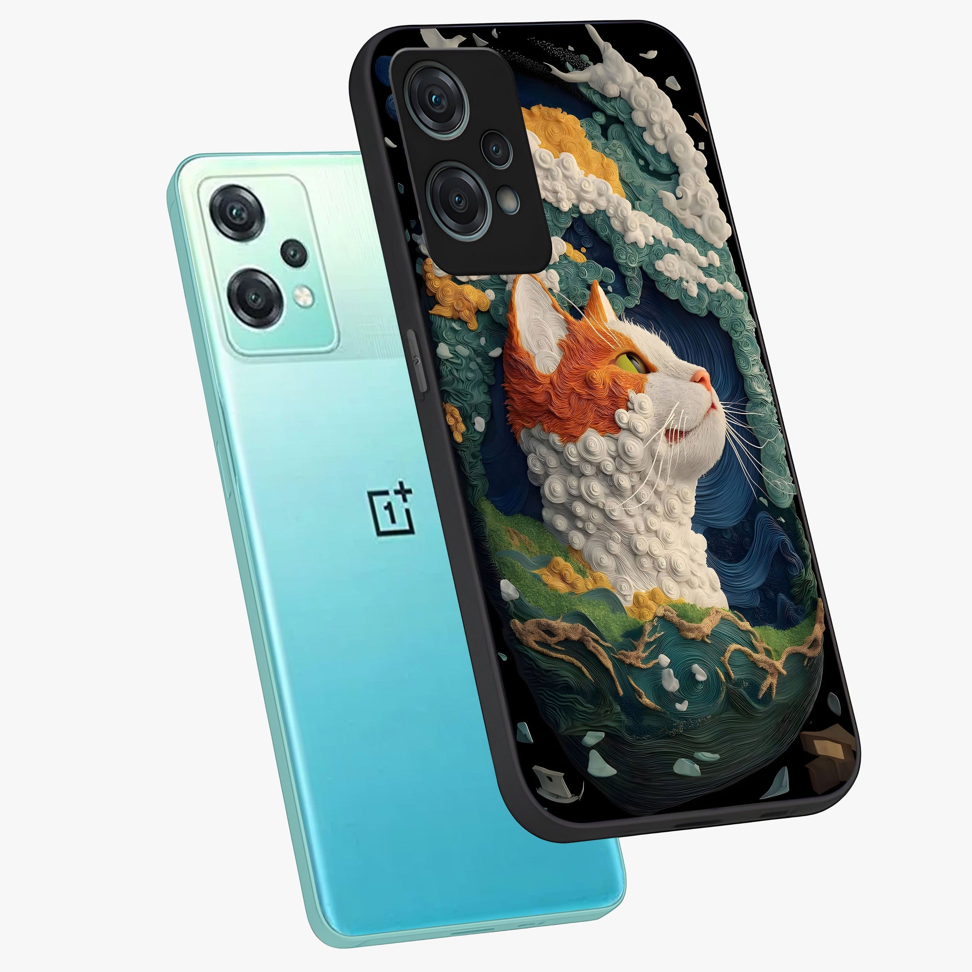 Aurora Cat Dreams Glass Case for 1+Nord Ce 2 Lite angled mockup showcasing glossy finish and vibrant cosmic colors