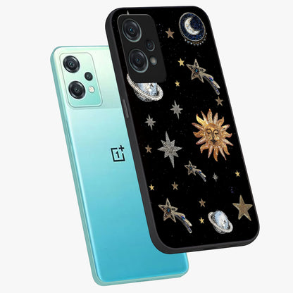 Beaded Cosmic Dreams Glass Case for 1+Nord Ce 2 Lite angled mockup showcasing glossy finish and vibrant galaxy detailing
