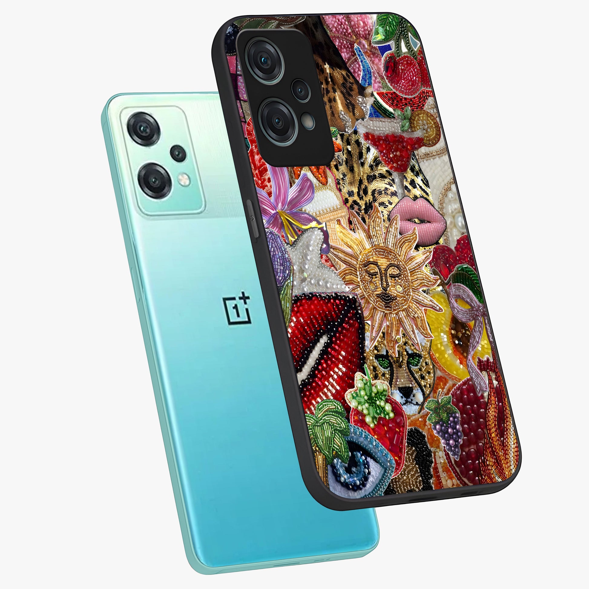 Beaded Fashion Jungle Glass Case for 1+Nord Ce 2 Lite angled mockup showcasing glossy finish and vibrant tropical design