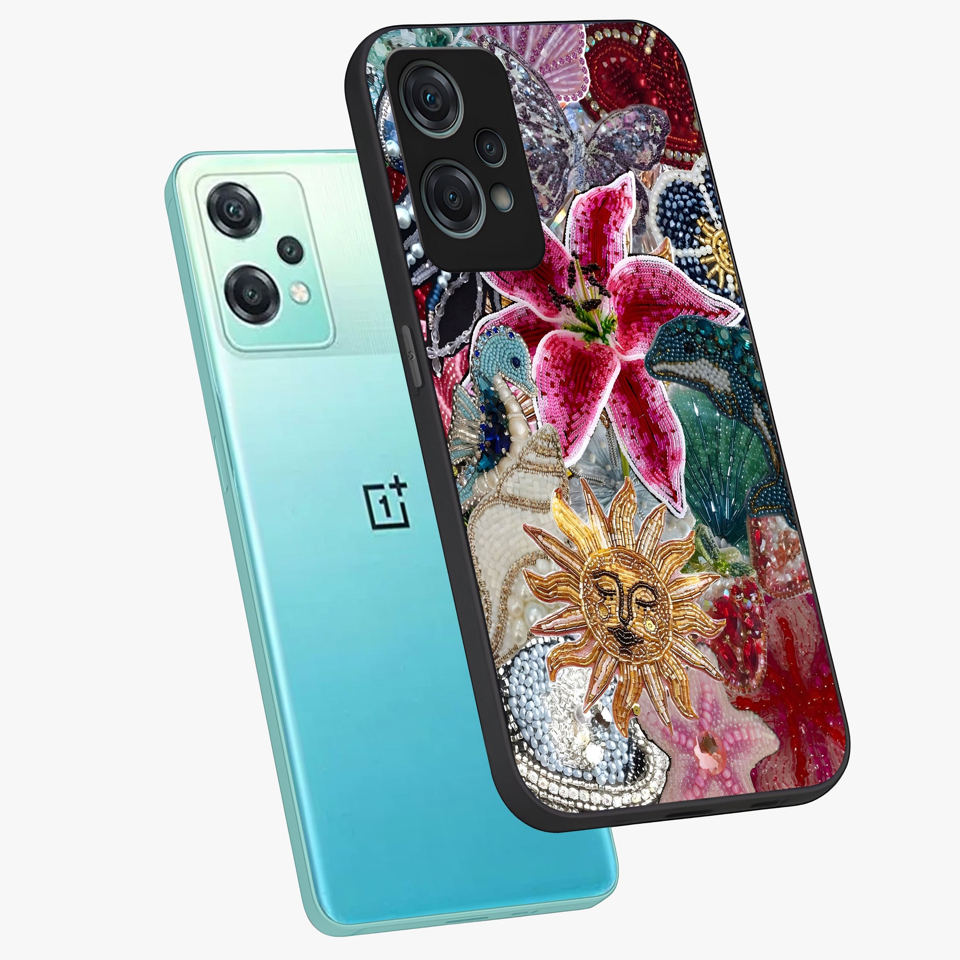 Beaded Garden Fantasy Glass Case for 1+Nord Ce 2 Lite angled mockup showcasing glossy finish and detailed fantasy design