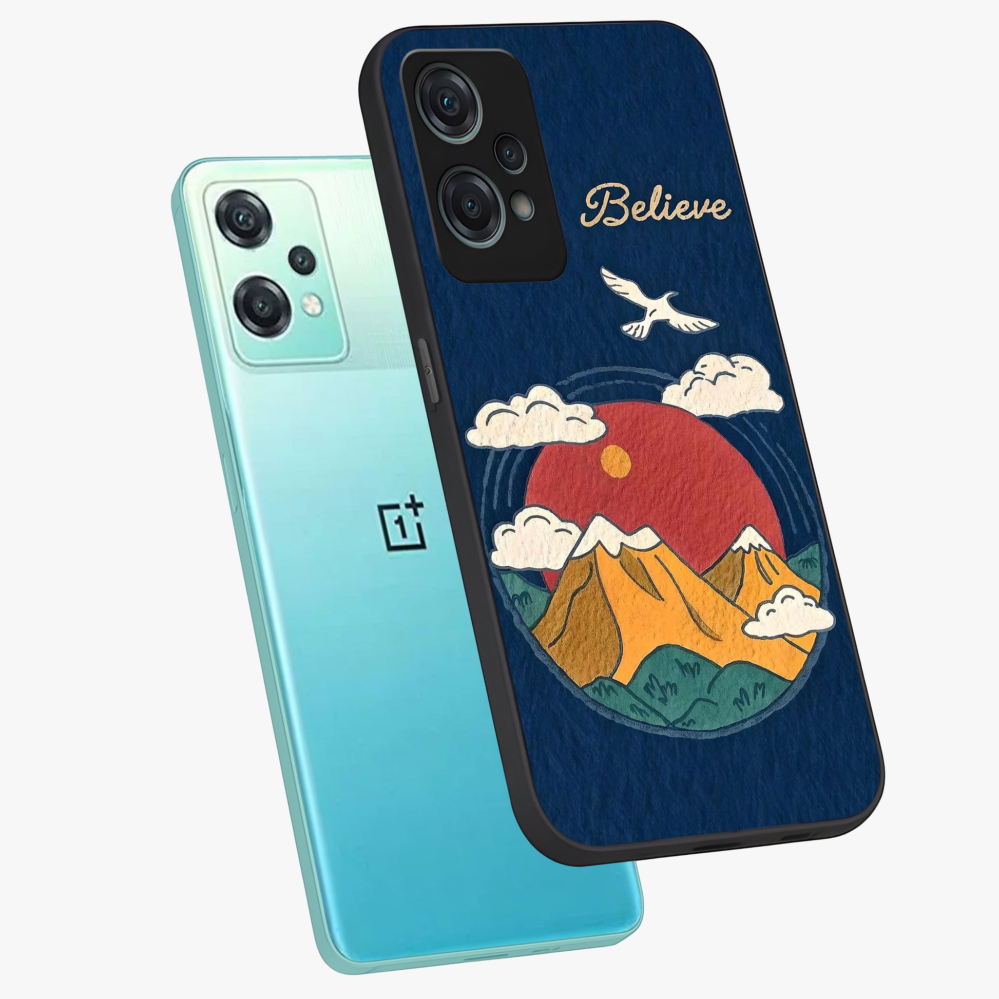Believe Sky Escape Glass Case for 1+Nord Ce 2 Lite angled mockup showcasing glossy finish and serene cloud design