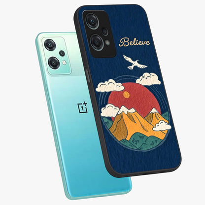 Believe Sky Escape Glass Case for 1+Nord Ce 2 Lite angled mockup showcasing glossy finish and serene cloud design