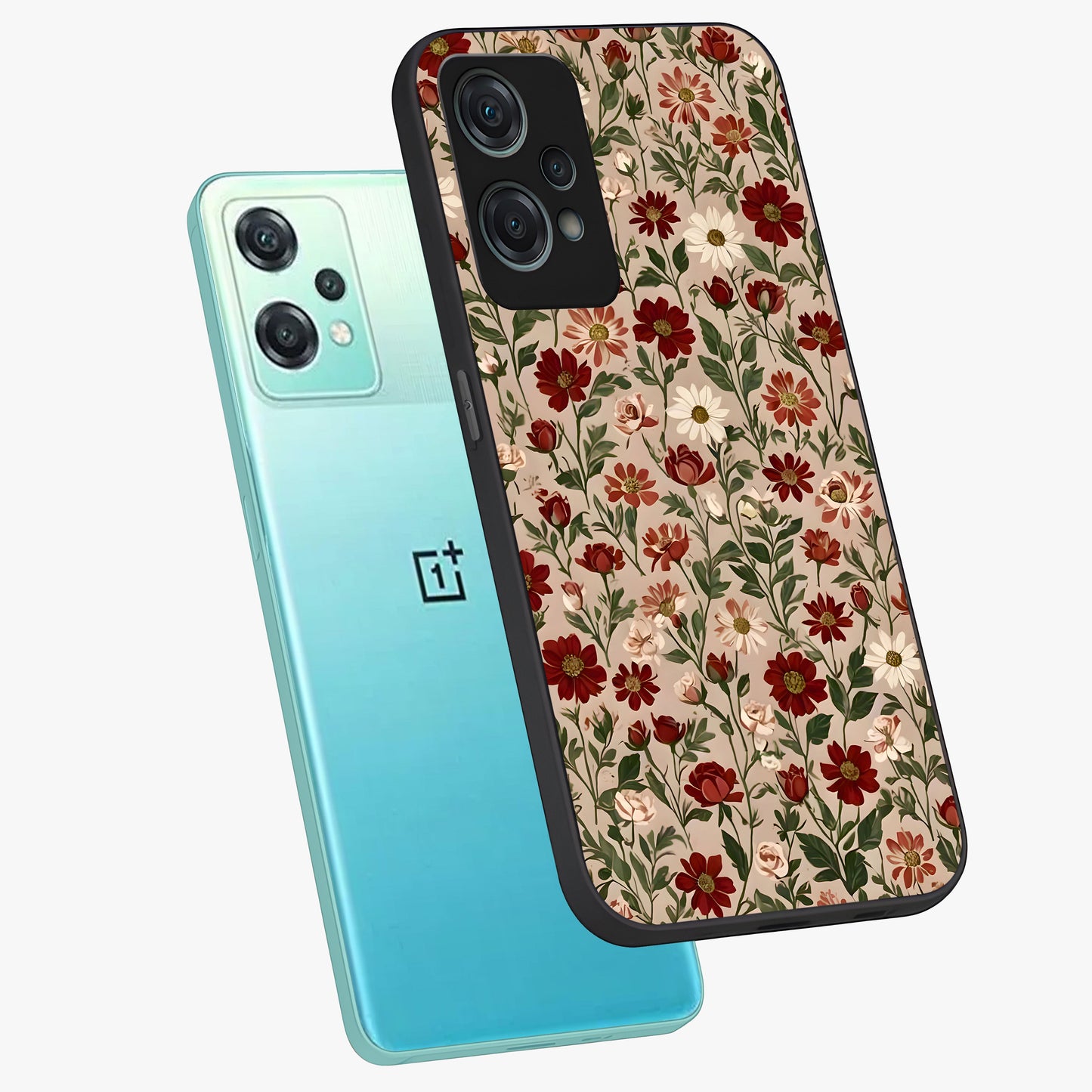 Biege Flower With Leaf Glass Case for 1+Nord Ce 2 Lite angled mockup showcasing glossy finish and minimal botanical design