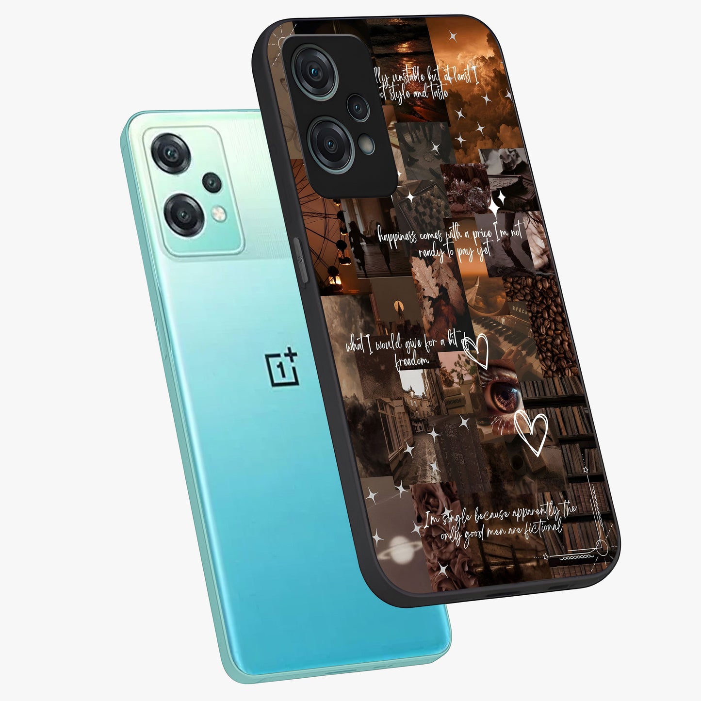 Bittersweet Aesthetic Chaos Glass Case for 1+Nord Ce 2 Lite angled mockup showcasing glossy finish and artistic chaotic design