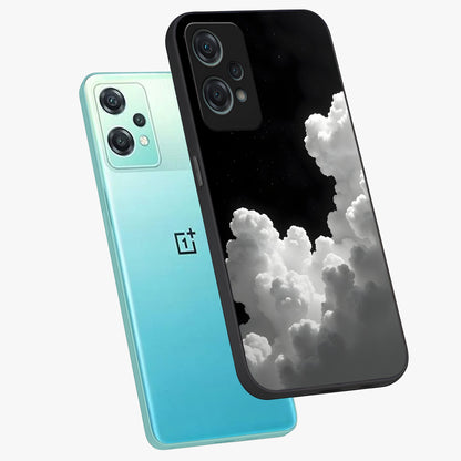 Black Background With White Cloud Glass Case for 1+Nord Ce 2 Lite angled mockup showcasing glossy finish and high contrast design