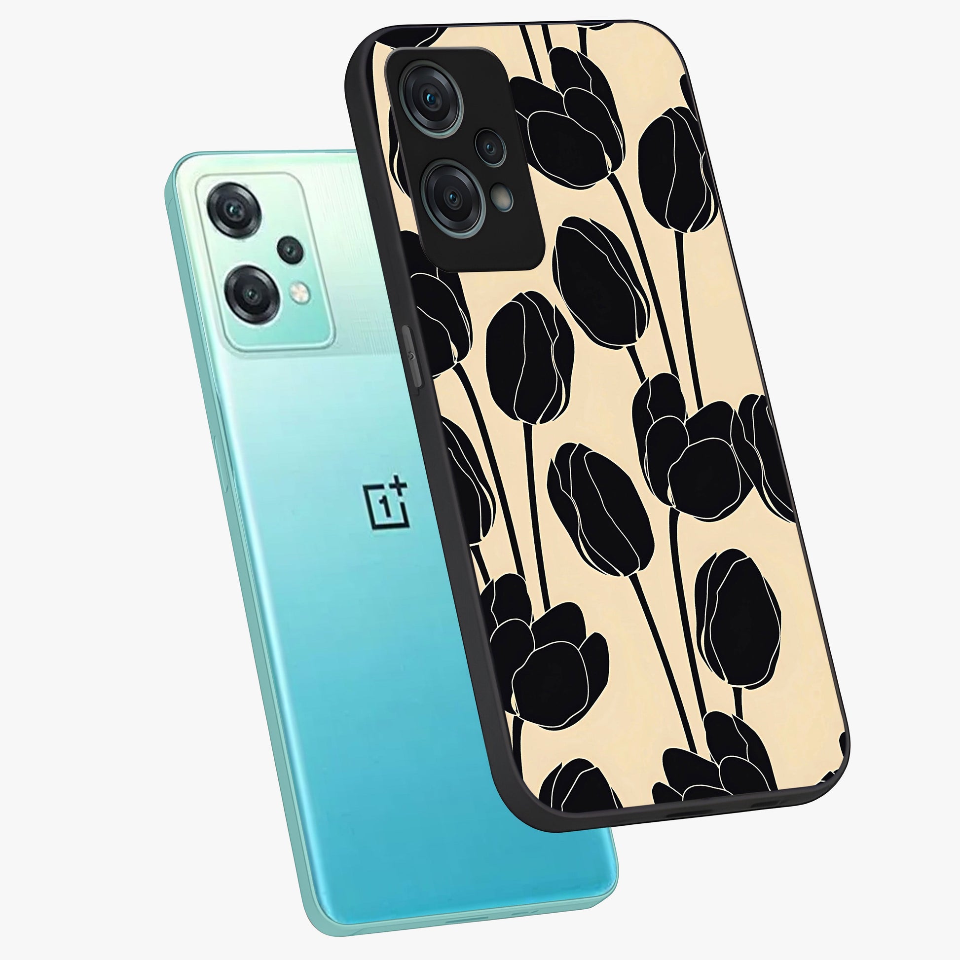 Black Designer Tulip Glass Case for 1+Nord Ce 2 Lite angled mockup showcasing glossy finish and premium floral detailing