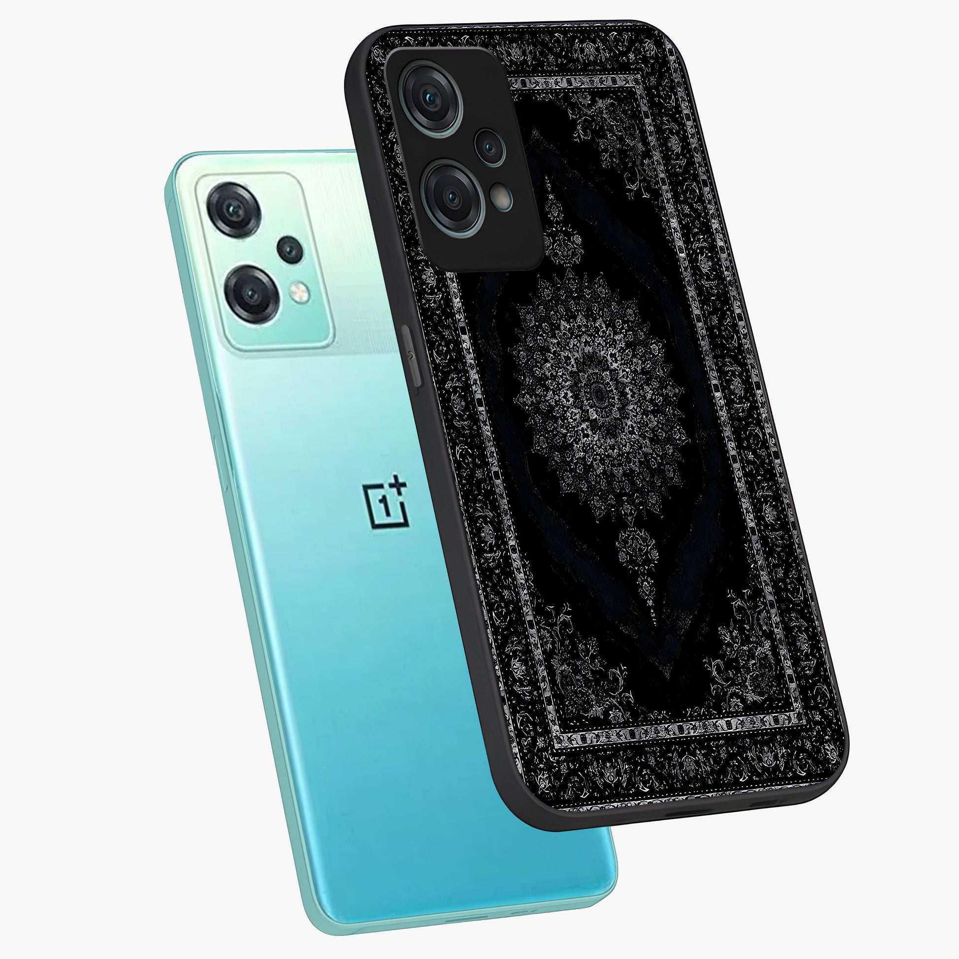 Black Persian Carpet Glass Case for 1+Nord Ce 2 Lite angled mockup showcasing glossy finish and detailed ornamental design