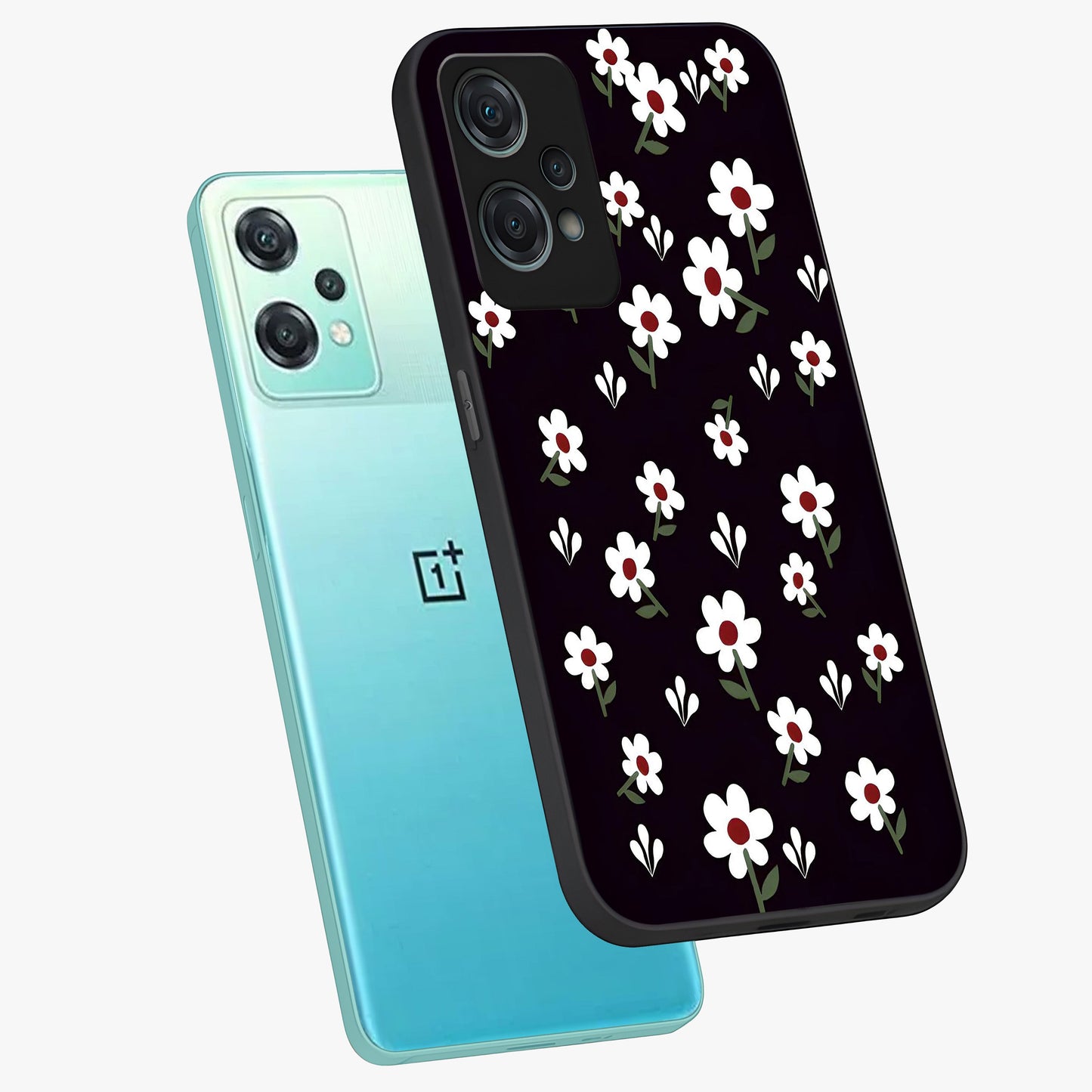 Black Prints Daisy Flower Pattern Glass Case for 1+Nord Ce 2 Lite angled mockup showcasing glossy finish and bold floral contrast